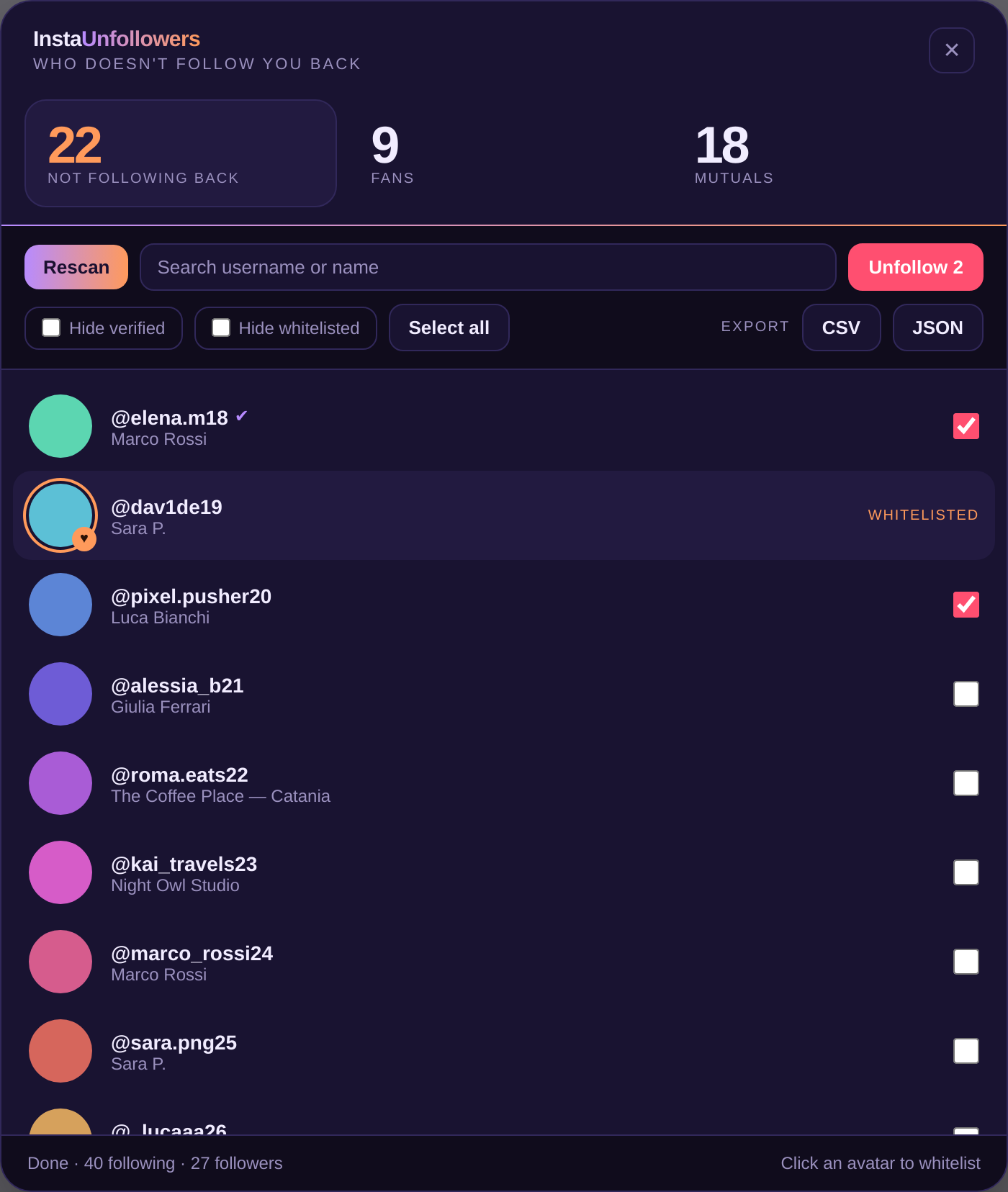 The InstaUnfollowers panel showing counts for accounts not following back, fans and mutuals